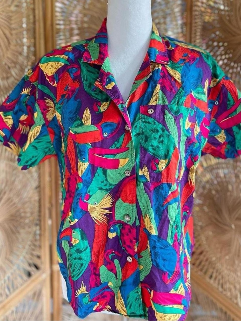 Vintage J.G. Hook Funky Tropical BirdPrint Short Sleeve Button Down Shirt Toucan - Picture 2 of 8